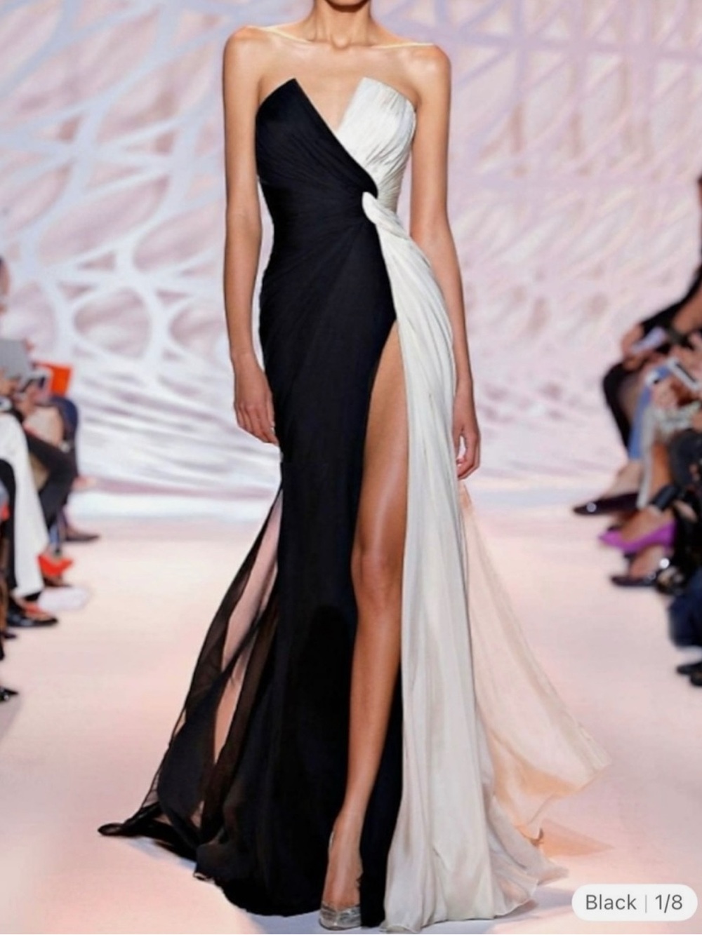 Black & White Strapless Split-Skirt Evening Gown